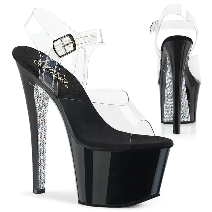 7″ Spike Heel Black/Clear Rhinestone Platform Ankle Strap Sandals